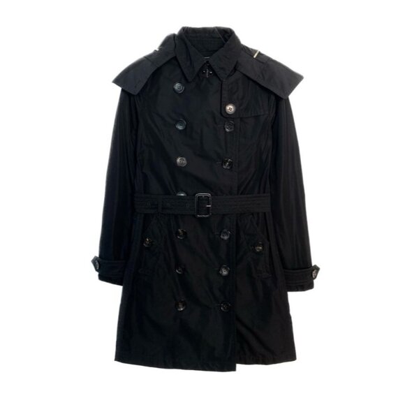 Burberry Black Hooded Double-Breasted Trench Coat With Belt & Dust Bag Size 38